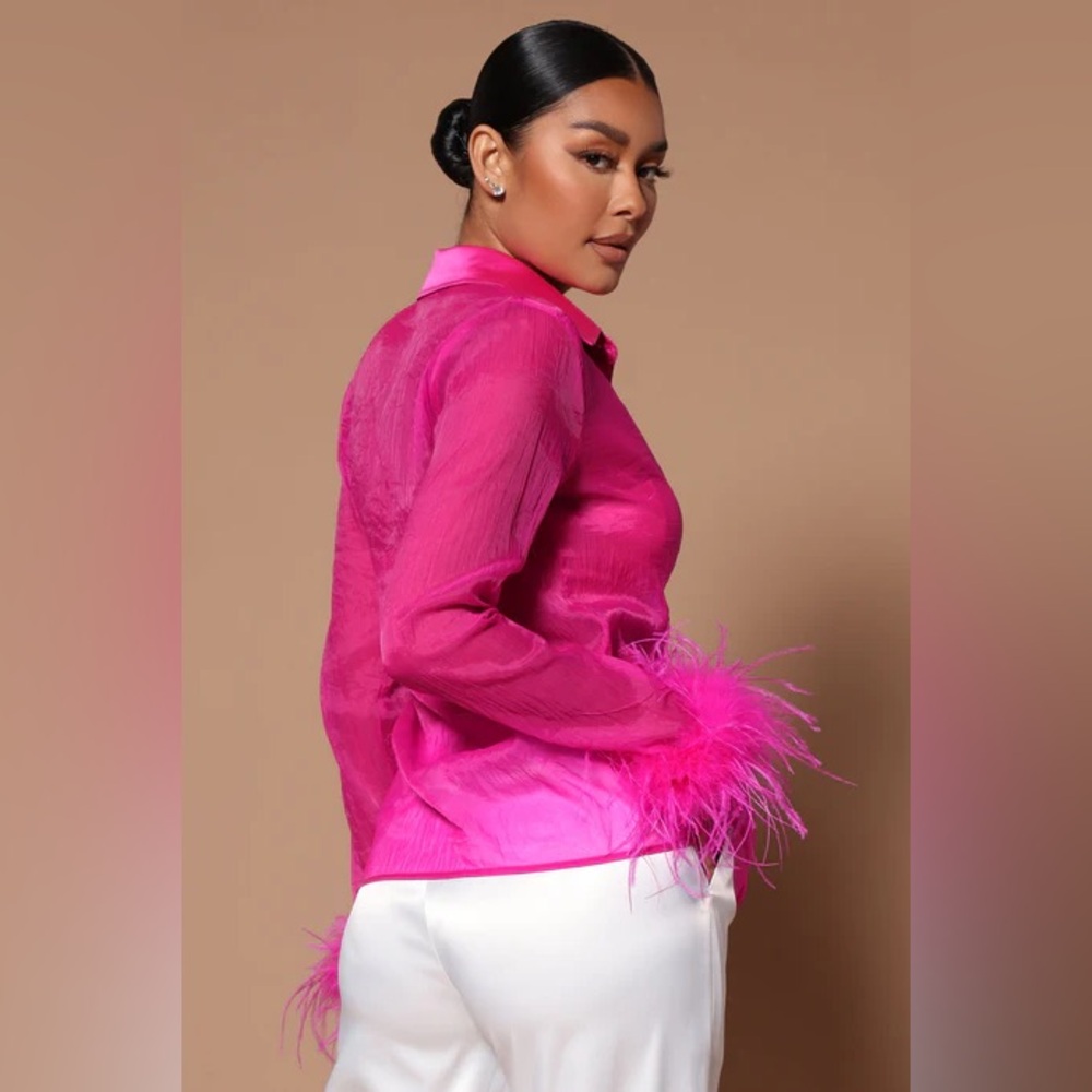 Gabby Feather Button Front Shirt - Hot Pink
